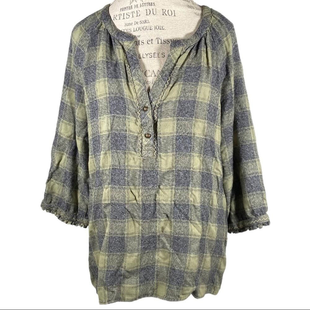 Caffe Marrakesh Green & Gray Plaid Henley 3/4 Sleeve Blouse Size XL